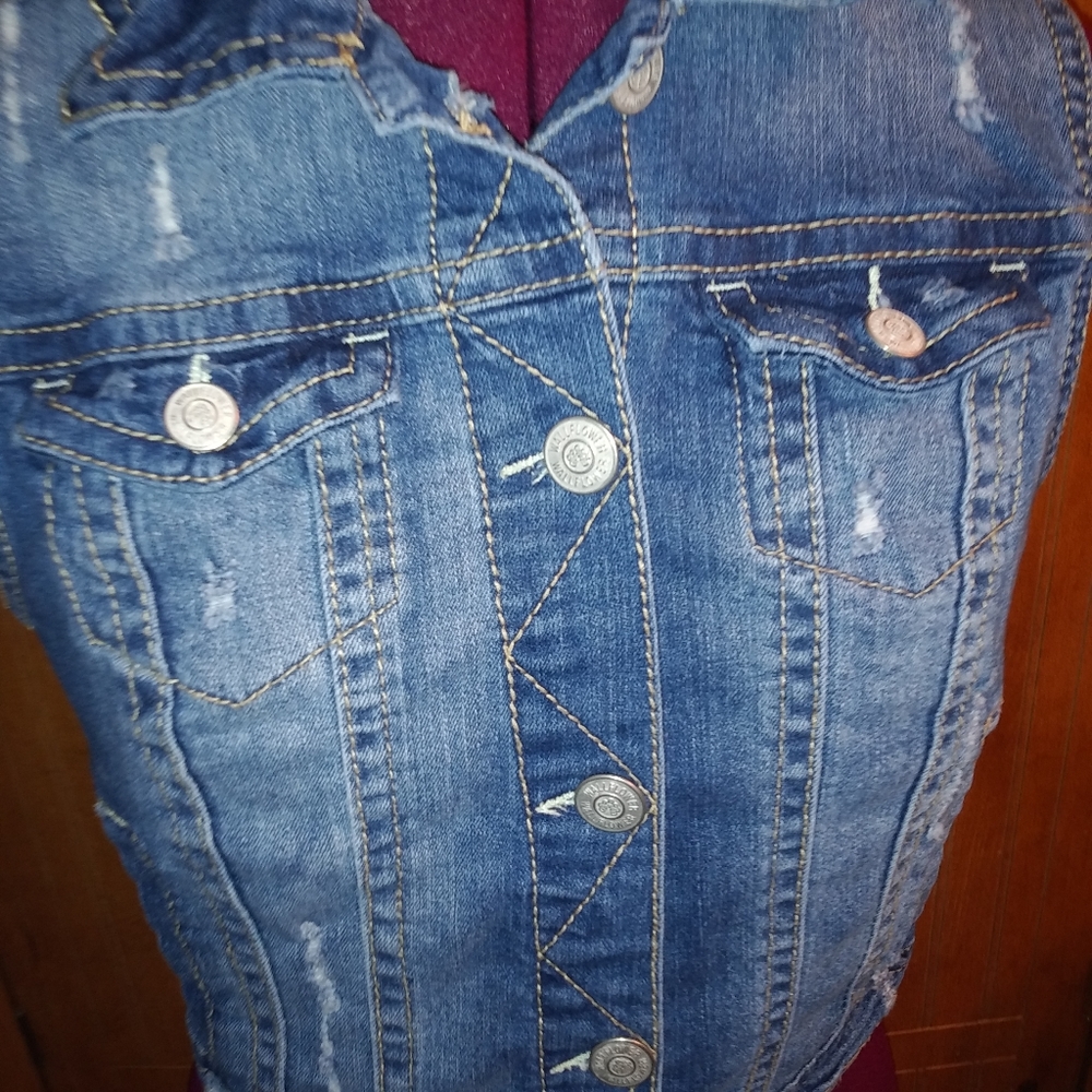 Wallflower Distressed Cropped Blue Denim Vest - Picture 4 of 8